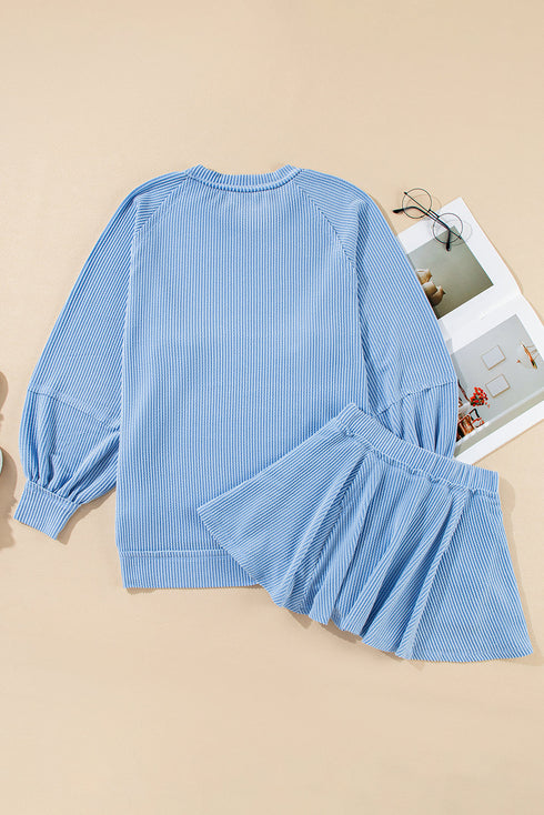 Corded Lantern Sleeve Top Ruffled Mini Skirt Two Piece Dress